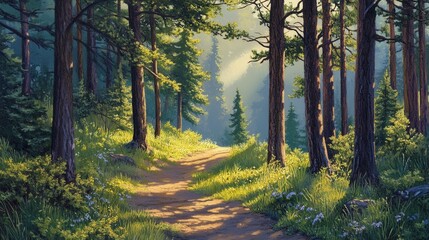 Obraz premium Sunlit Path Through A Lush Green Forest