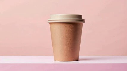 Front view of a Brown coffee paper cup. Mockup with lid. Set of craft paper cup for hot tea on beige pink background. Zero waste, plastic free concept. Disposable Recycled cup. Coffee to go mock-up