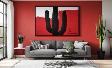 Red wall in the living room with a grey sofa and a black side table, a Scandinavian interior design of modern home decor