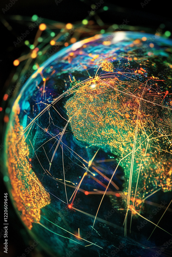 Poster futuristic glowing network visualization with global connections on earth. business background