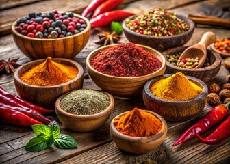 Fototapeta premium Assorted Spices in Rustic Wooden Bowls on Wooden Table - Aromatic Herbs and Seasonings