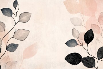 A minimalist illustration of eucalyptus leaves, rendered in soft pastel tones with delicate black outlines on an abstract background.