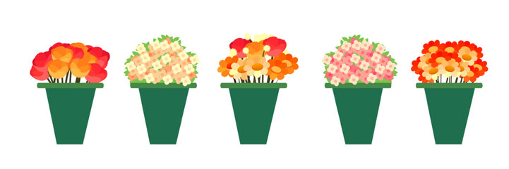 Five distinct flower pots filled with a variety of colorful flowers are neatly arranged in a row. Each pot displays different floral combinations and vibrant hues, enhancing the garden's appeal.