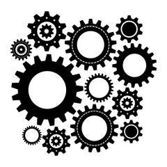 Gear wheel abstract vector set. Collection of different black cogwheels isolated on transparent background. Doodle style gear mechanism. New business idea, teamwork, progress, technology