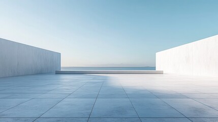 Obraz premium A minimalist white stone square with a flat surface, overlooking the horizon and a blue sky. 