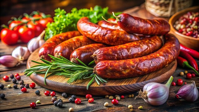 Authentic Bulgarian Lukanka Sausage: Close-up Photo of Spicy, Herb-Infused Traditional Sausage