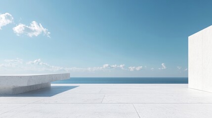 A minimalist white stone square with a flat surface, overlooking the horizon and a blue sky. 