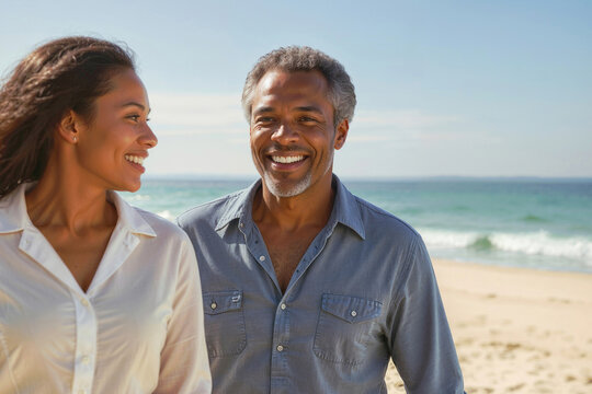 Happy elderly African American couple walking on a sandy beach
