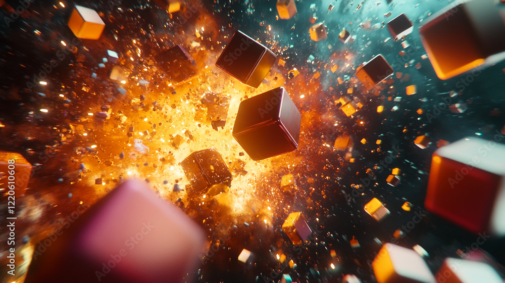 Poster explosive glowing cubes with dynamic light trails in a futuristic digital space. business background