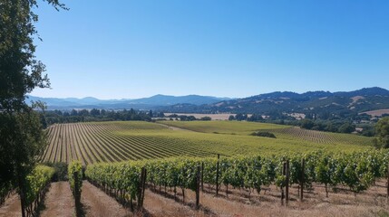 Naklejka premium Clear sunny skies over a sprawling vineyard during harvest season