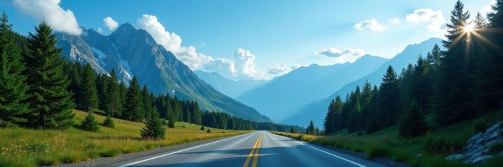 Naklejka premium Forest and mountains meet at a winding road with a blue sky above, blue, scenery, mountain