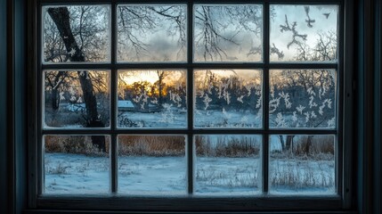 Cold weather scene with frost patterns covering a windowpane