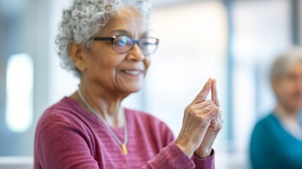 Patient being taught finger stretching exercises to relieve joint stiffness, highlighting practical care