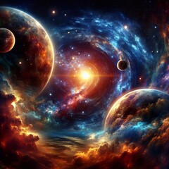
Bright space landscape with planets and nebulae. Abstract fantastic drawing.