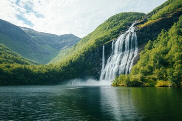 Majestic fjord waterfall cascading into serene lake, mountains background, nature travel