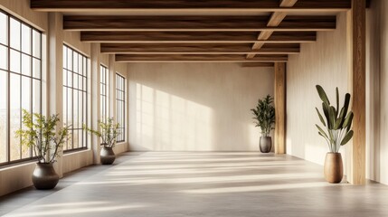 Obraz premium A modern yoga studio with large windows, wooden beams on the ceiling, and plants in vases standing along one wall. The room is decorated in beige tones and has concrete flooring. 