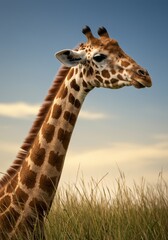 Obraz premium A realistic photograph of a giraffe in a field with tall grass, featuring a sky background