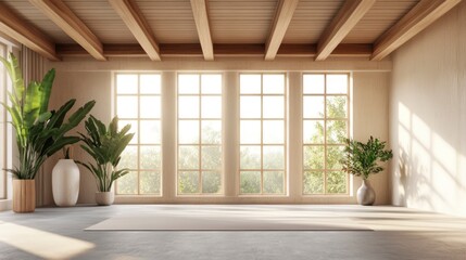 A modern yoga studio with large windows, wooden beams on the ceiling, and plants in vases standing along one wall. The room is decorated in beige tones and has concrete flooring. 