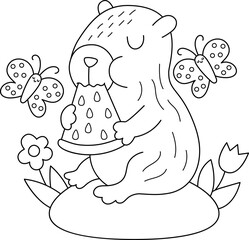 Vector black and white capybara illustration. Cute line scene with capibara sitting on flower clearing with butterfly, eating watermelon. Funny spring or summer scene, coloring page with animal