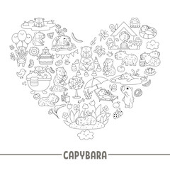 Vector black and white capybara heart shaped frame with relaxed animals, frog, tangerines, fruit. Capibara card template design for banners, invitations. Cute line illustration, coloring page