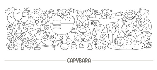 Vector black and white horizontal capybara border set with cute animals. Capibara line card template design, coloring page with relaxed guinea pigs meditating, sleeping, relaxing, having fun © Lexi Claus