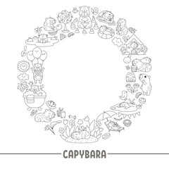 Vector black and white capybara round wreath frame with relaxed animals, frog, tangerines, fruit. Capibara card template design for banners, invitations. Cute line illustration, coloring page