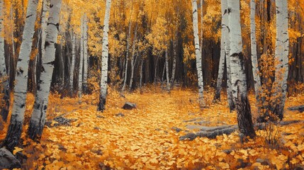Obraz premium Crisp autumn scene with golden leaves carpeting the forest floor