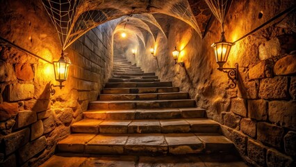 A narrow, winding staircase leading down into darkness, lined with cobweb-covered stone walls and flickering torches, casting long shadows on the floor below, catacomb, narrow