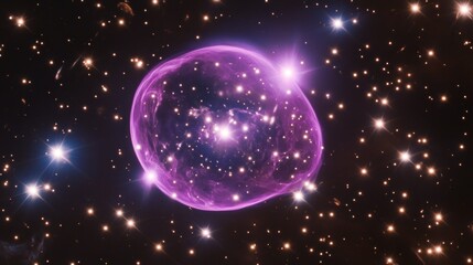 A purple galaxy with stars in the night sky. The nebula is shaped like an orb and glows with soft, ethereal light against a dark background.