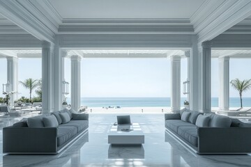 Fototapeta premium Oceanfront luxury lounge with white columns and gray sofas.