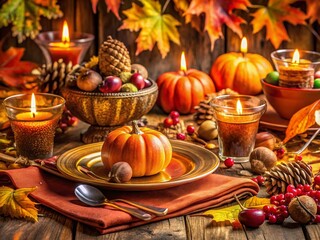 Naklejka premium Autumn Table Setting: Macro Photography of Fall Decor Details