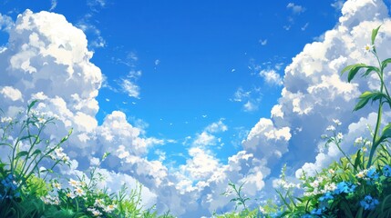 Fototapeta premium Crystal-clear summer sky with fluffy white clouds drifting by