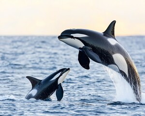 Fototapeta premium Two orcas leap from the ocean's surface, showcasing their striking black and white patterns against a serene background.
