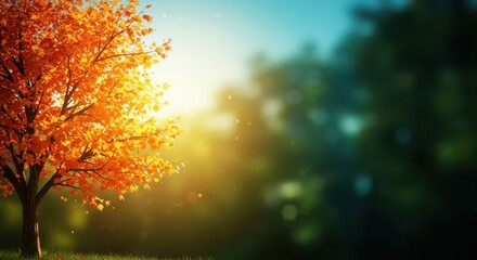 Glowing Orange Tree with Sun Rays and Autumn Leaves