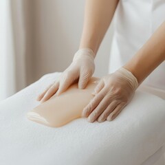Fototapeta premium Patient trying paraffin wax therapy for joint stiffness relief