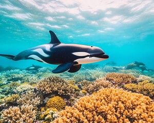 A playful orca swims gracefully through a vibrant coral reef, showcasing the beauty of marine life and underwater ecosystems.