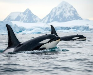 Fototapeta premium Two orcas swim gracefully in icy waters, surrounded by stunning mountain peaks and floating icebergs in a serene Arctic landscape.