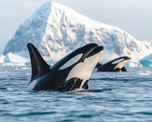 Fototapeta premium Two orcas breach the water near a massive iceberg, showcasing their sleek bodies against a stunning icy backdrop.