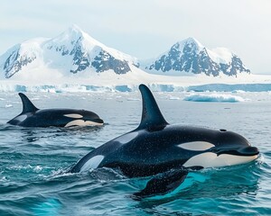 Obraz premium Two orcas swim gracefully in icy waters, surrounded by stunning snow-capped mountains and floating icebergs, capturing the beauty of the Antarctic landscape.