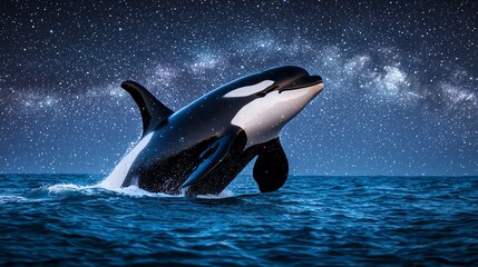 Obraz premium A majestic orca breaches the surface of a starry ocean, showcasing its powerful stature against a cosmic backdrop.