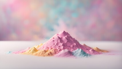 Pastel-colored powder arranged in a miniature mountain range against a soft, blurred background.