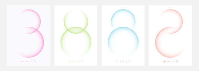 Set of March 8 festive graphic templates for International Women's Day holiday greetings. Soft color gradient round shapes. Vector illustration.
