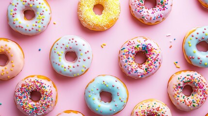A colorful donuts with icing and sprinkles on a pastel pink background