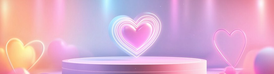 podium with a heart-shaped neon light background pink and red color vilentine