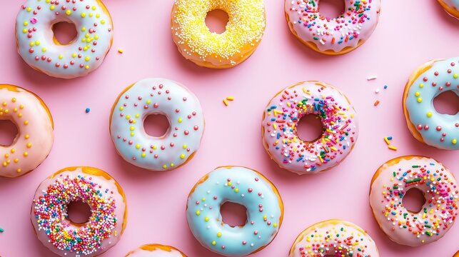 A colorful donuts with icing and sprinkles on a pastel pink background