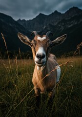 Obraz premium A realistic portrait photograph of a goat looking far in a field with tall grass