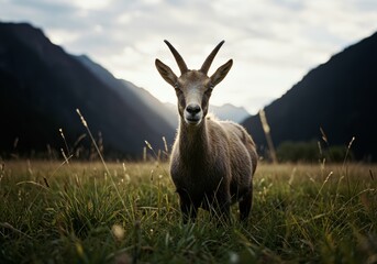 Obraz premium A realistic portrait photograph of a goat looking far in a field with tall grass