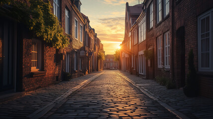 Obraz premium Golden Hour Sunrise Illuminates Historic Cobblestone Street