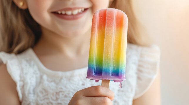 Healthy Icy Popsicles for Kids to Enjoy Summer. A smiling girl holds a colorful rainbow popsicle, radiating joy and summer vibes.