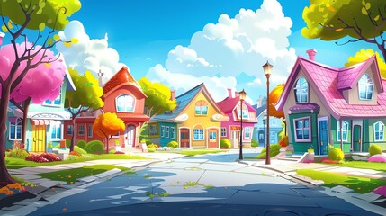 A cartoon-style illustration of a colorful suburban neighborhood.